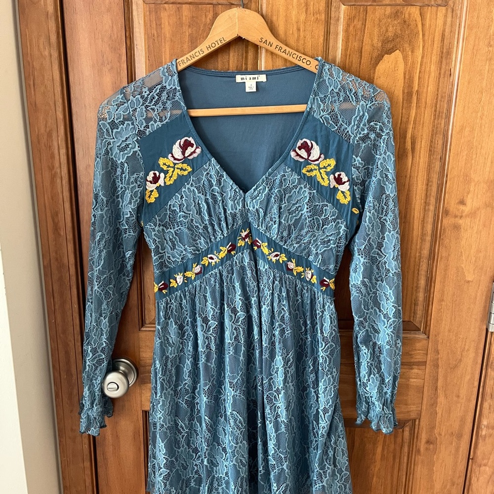 Miami Blue Lace Dress with Floral Embroidery
